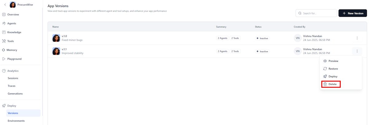 Delete version Delete version