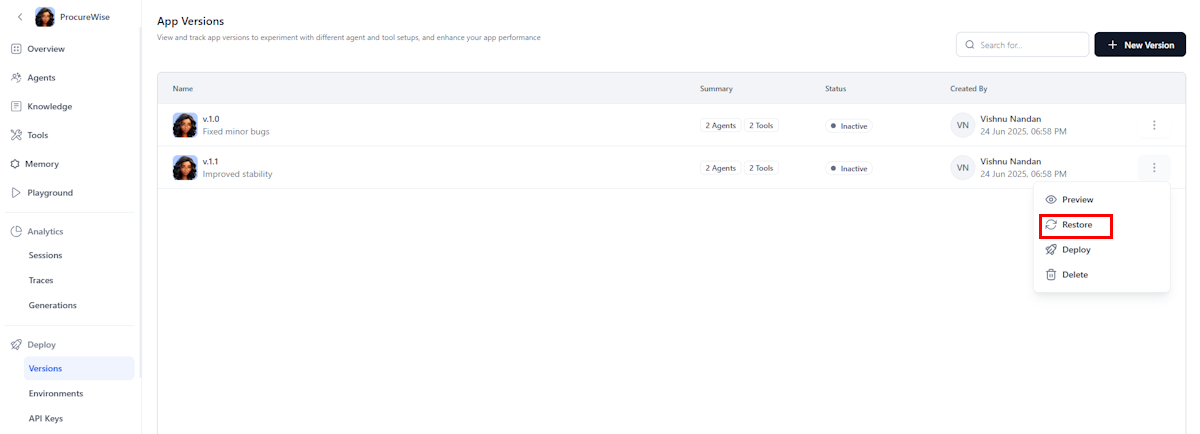Restore version Restore version
